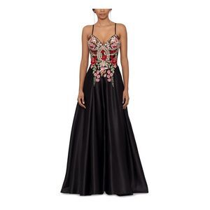 BLONDIE NITES Womens Black Lace-up Back Spaghetti Strap Gown Dress Juniors 1